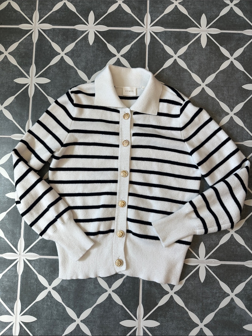 Cyrus Cream and Black Striped Polo-Collar Cardigan with Gold Buttons